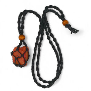 Orange Swirl Tumbled Art Glass Pendant Necklace‎ Black Braided Cord Bead J2420